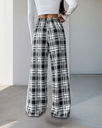 Cardydony Women's Plaid Wide-Leg Lounge Pants | Drawstring High-Waist