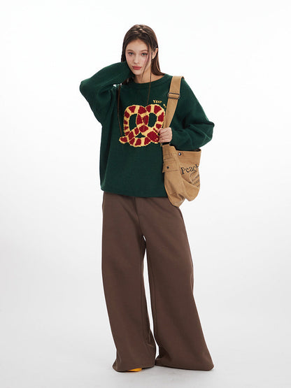 Cardydony Women's Retro Pretzel Embroidered Sweater | Oversized Pullover