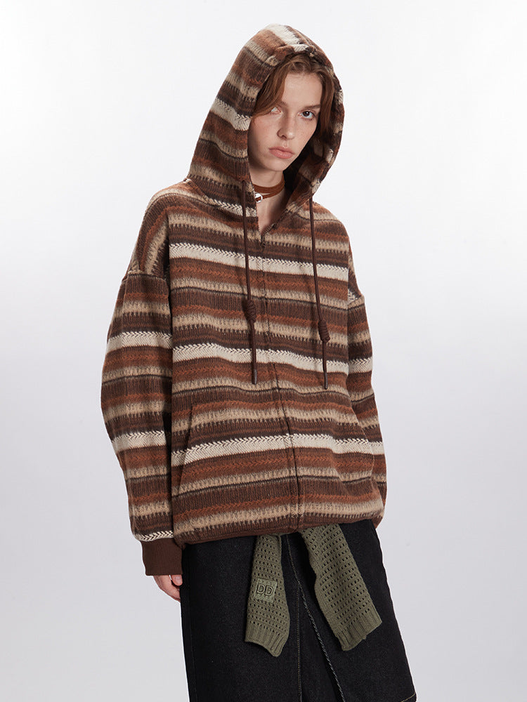 Cardydony Women's Vintage Striped Knitted Hooded Jacket