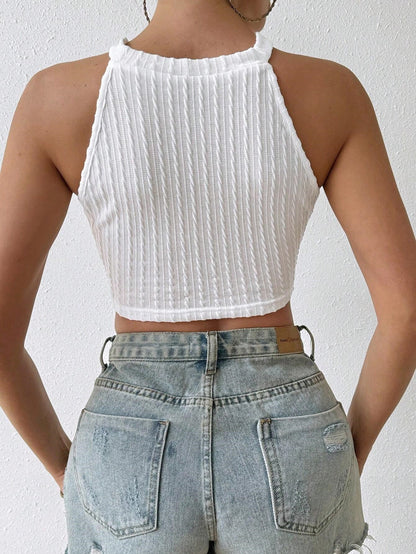 Cardydony Women's White & Black Boho Crop Top | Crochet Trim Halter Neck Top - Ribbed Summer Styles