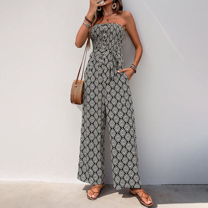 Cardydony Women's Strapless Wide-Leg Jumpsuit | Boho Smocked Summer Romper