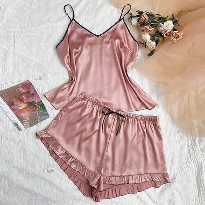Cardydony Women's Plus-Size Imitation Silk Cami Set with Ruffle Shorts