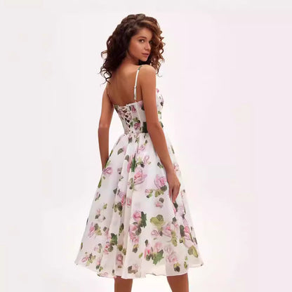 Cardydony Women's Romantic Floral Organza Midi Dress with Delicate Spaghetti Straps