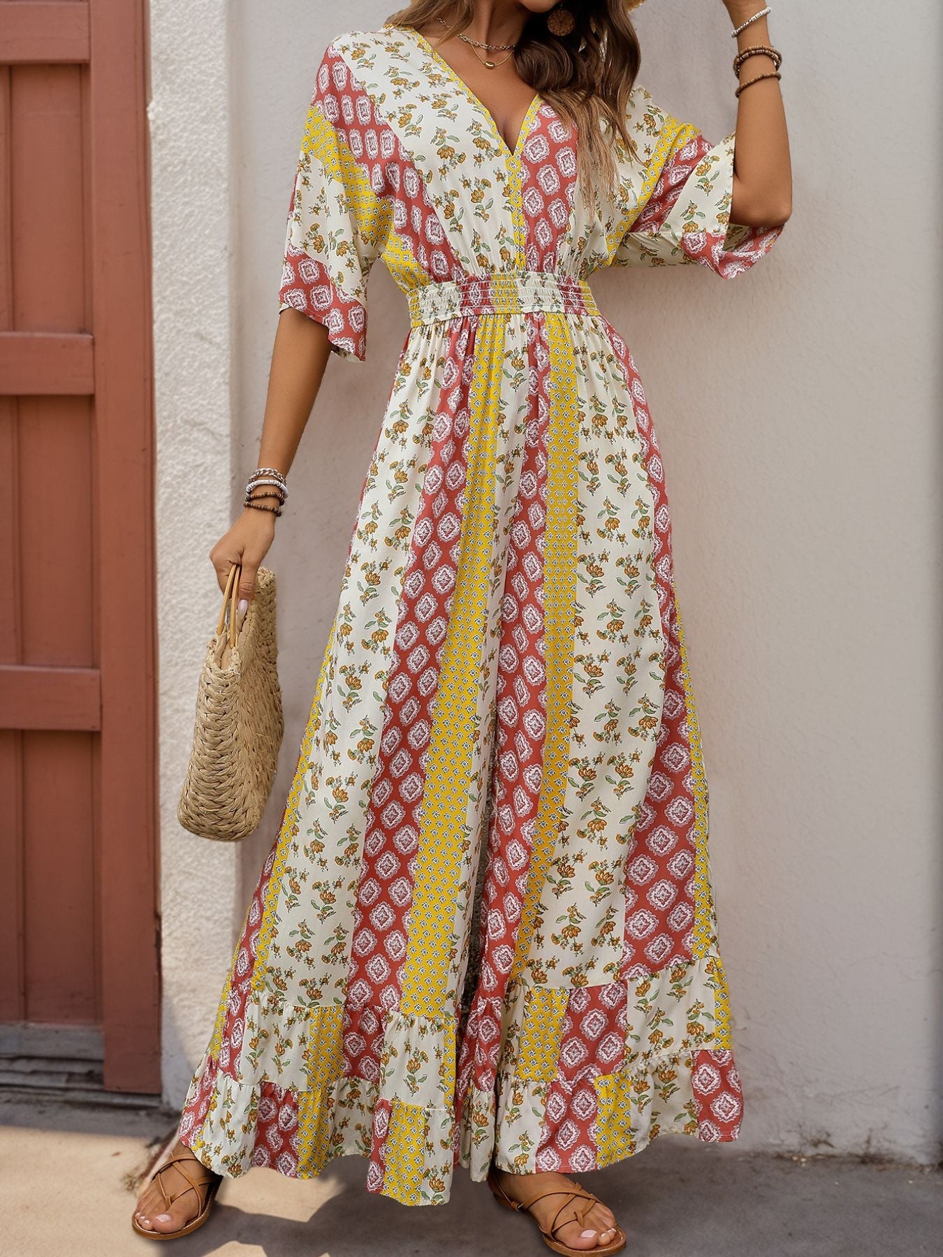Cardydony Women's Boho Wide-Leg Jumpsuit | V-Neck Flowy One-Piece