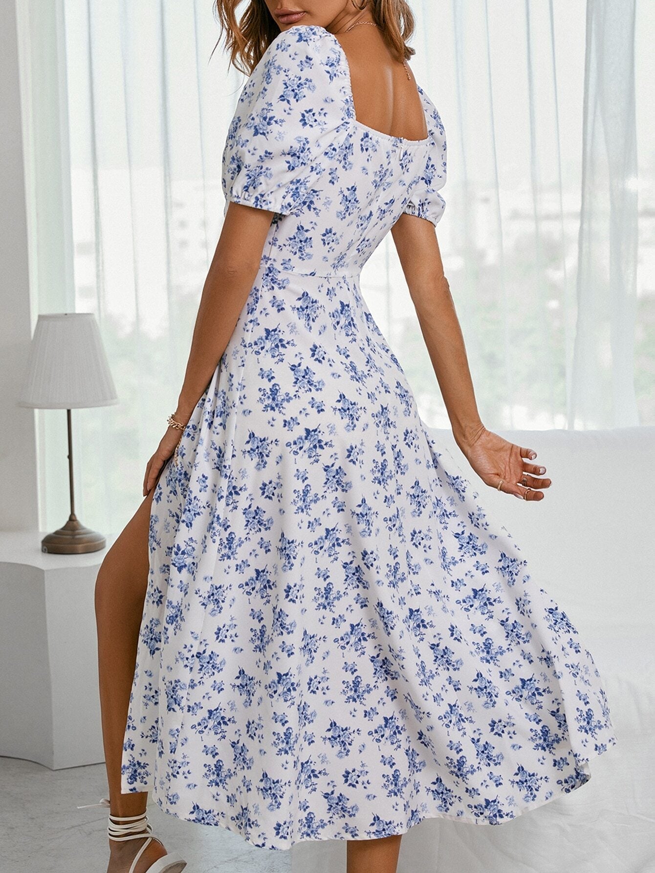 Cardydony Women's Floral Maxi Dress with Puff Sleeves | Drawstring A-Line Summer Dress for Women