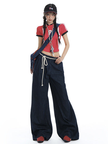 Cardydony Women's Y2K Drawstring Denim Wide Leg Jeans | Streetwear Pants Women Oversized Fit