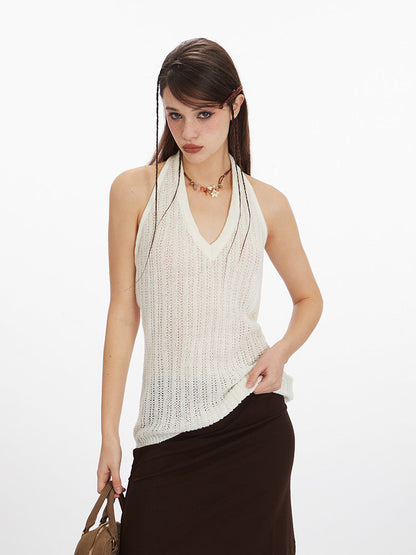 Cardydony Women's White Tank Top｜Commuter Style Knit Halter Neck Slim Fit