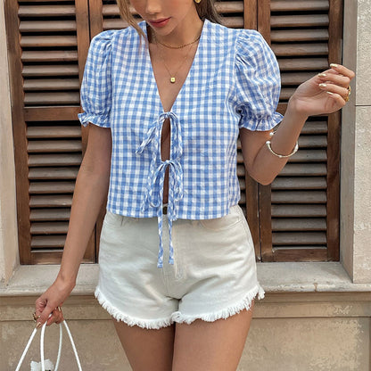 Cardydony Women's Gingham Tie Front Crop Top | Puff Sleeve V-Neck Blouse