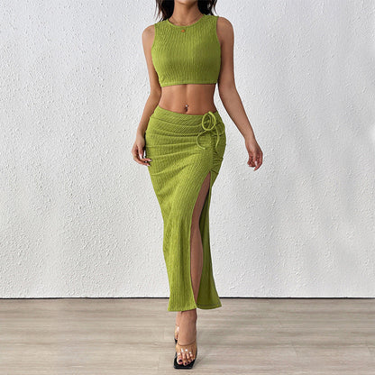 Cardydony Women's Ribbed Crop Top & Ruched Maxi Skirt Set | Chic Two-Piece