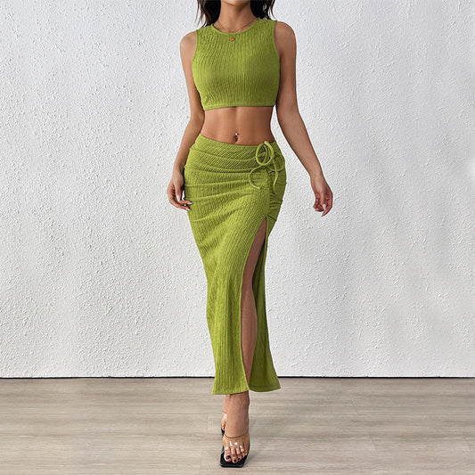 Cardydony Women's Ribbed Crop Top & Ruched Maxi Skirt Set | Chic Two-Piece