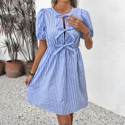 Cardydony Women's Striped Bow-Tie Mini Dress | Puff Sleeve A-Line Dress