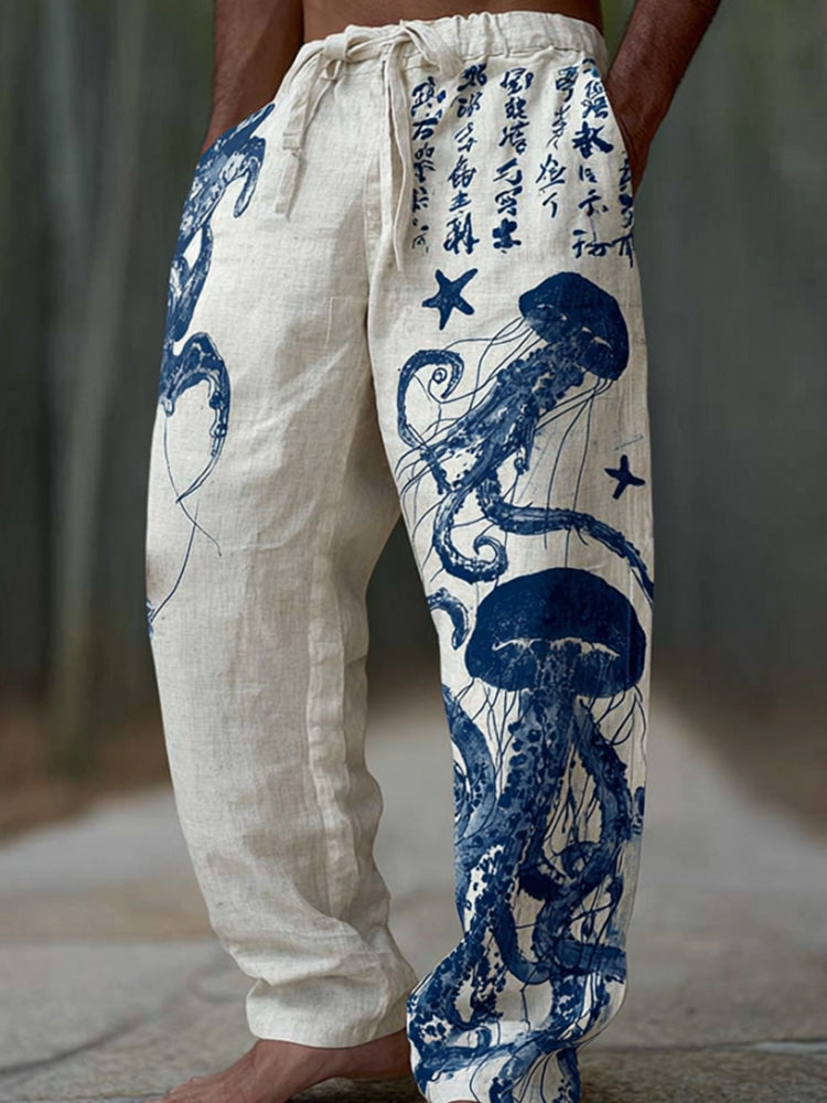 Cardydony Men's Apanese-style Jellyfish Print Ocean Elastic Waist Pants