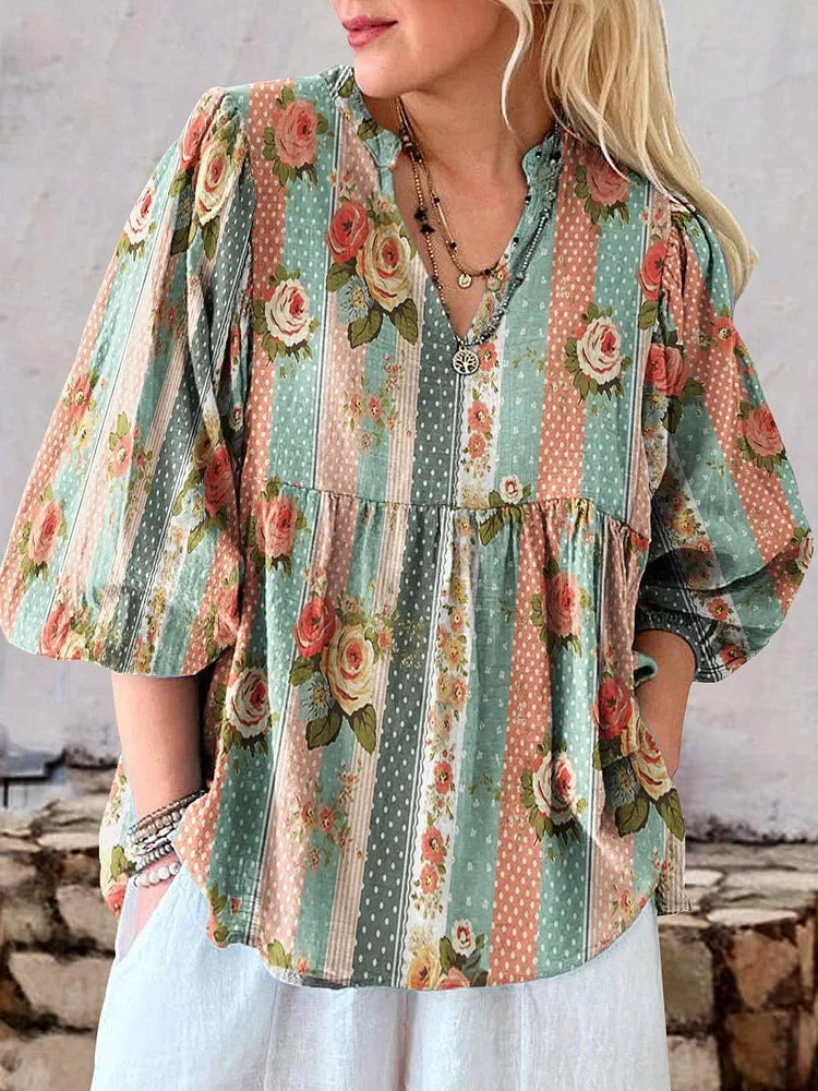 Cardydony Women's Retro Floral Art Print Cotton And Linen Casual Top