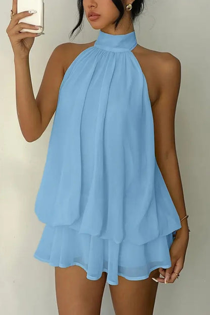 Cardydony Women's  Fashionable Chiffon Halter Neck Backless Lace-up Casual Vacation Mini Dress