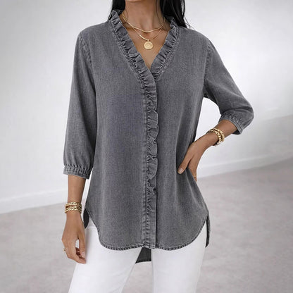 Cardydony Women's Casual Imitation Denim V-neck Ruffle Shirt