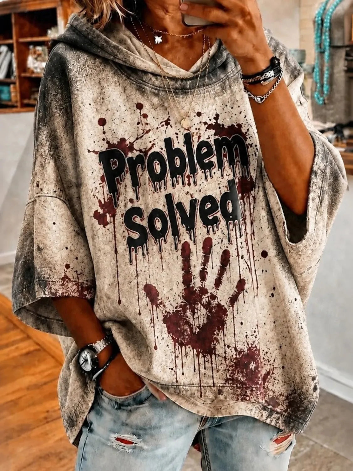 Cardydony Women's Halloween Bloody Problem Solved Art Print Casual Hoodie