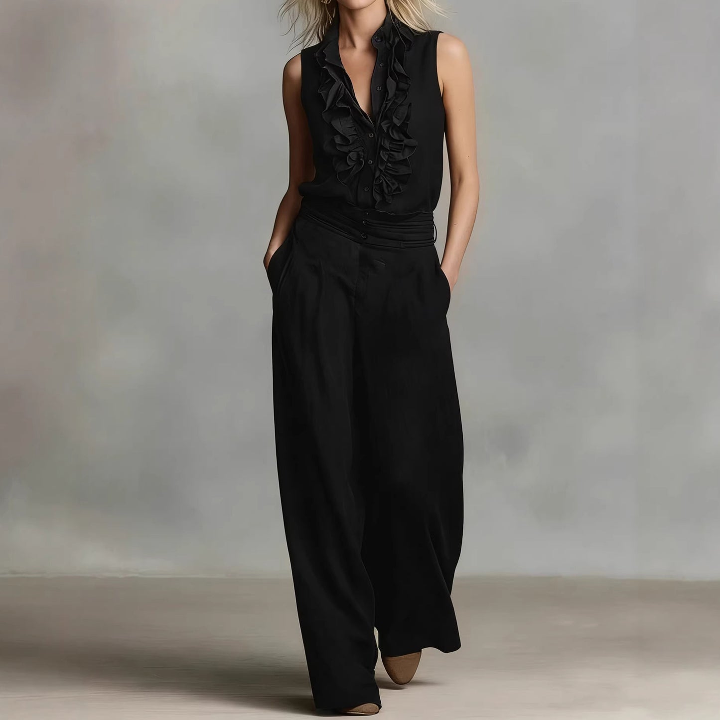 Cardydony Simple Linen Blend Sleeveless Shirt And Wide-leg Pants Set