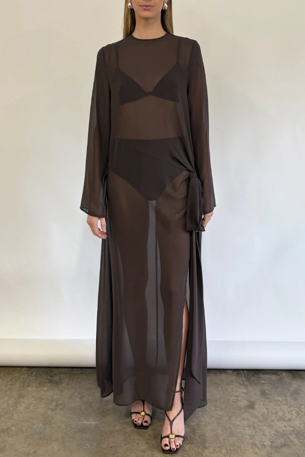 Cardydony Women's  Fashionable Mesh See-through Round Neck Long Sleeve Tie Bow Slit Maxi Dress