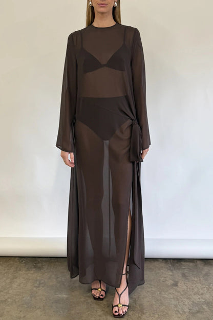 Cardydony Women's  Fashionable Mesh See-through Round Neck Long Sleeve Tie Bow Slit Maxi Dress