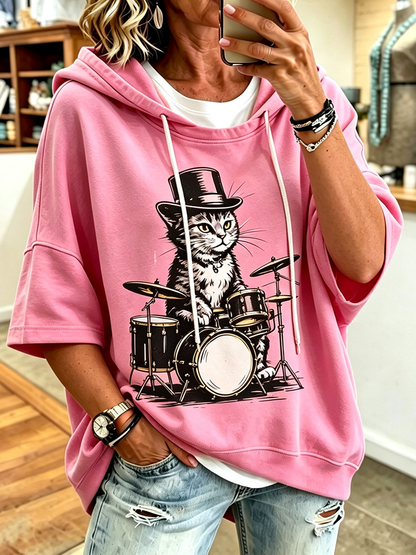 Cardydony Women's Short Sleeve Hooded Sweatshirt Featuring Cat Wearing Top Hat And Playing Drums
