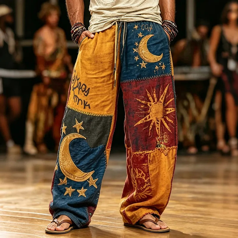 Cardydony Men's Vintage Hippie Sun Moon Patchwork Print Casual Pants