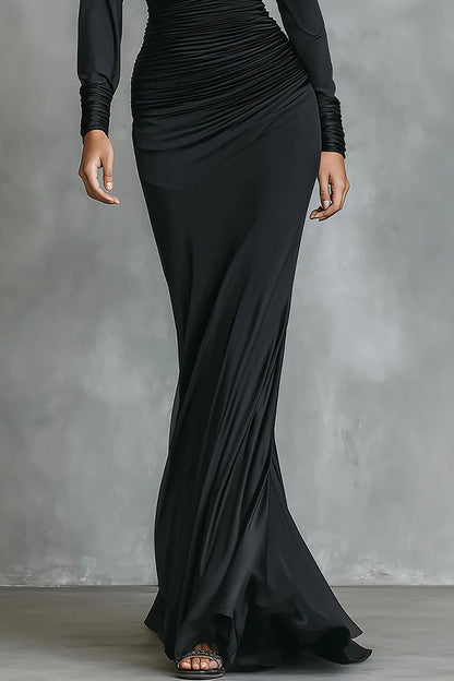 Cardydony Women's Solid Color One-shoulder Long-sleeved Slim-fit Pleated Maxi Dress