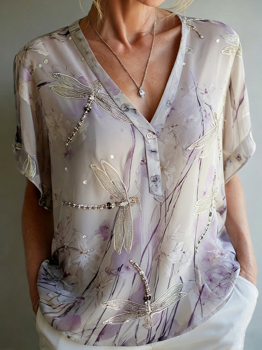 Cardydony Boho Watercolor Purple Floral V Neck Blouse Dragonfly Embroidery Short Sleeve Casual Resort Top For Women
