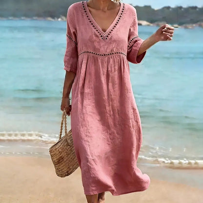 Cardydony Women's Casual Solid Color Cotton Linen Dress