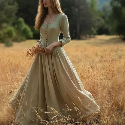 Cardydony Classic Elegant Buttoned Flowy Linen Maxi Dress