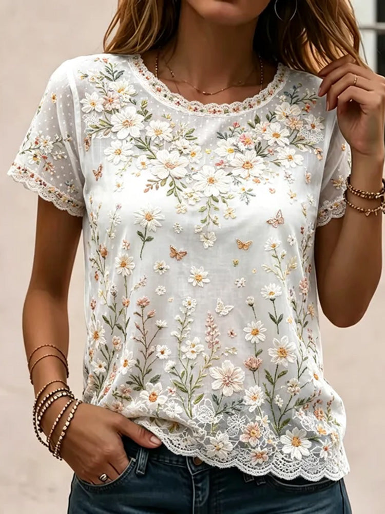 Cardydony Women's Small Floral And Lace Art Crew Neck Short Sleeve Top