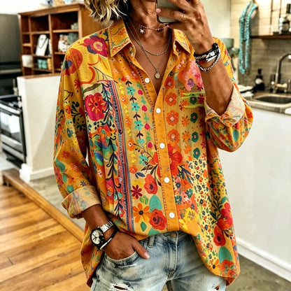 Cardydony Women's Abstract Hippie Colorful Bohemian Floral Art Print Flowy Linen Blend Long Sleeve Shirts
