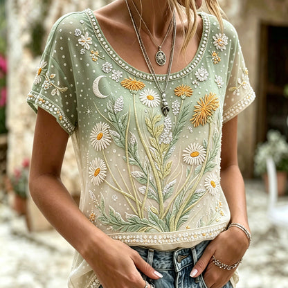 Cardydony Bohemian Daisy Moon Embroidered Ombre Sage Green Short Sleeve Top