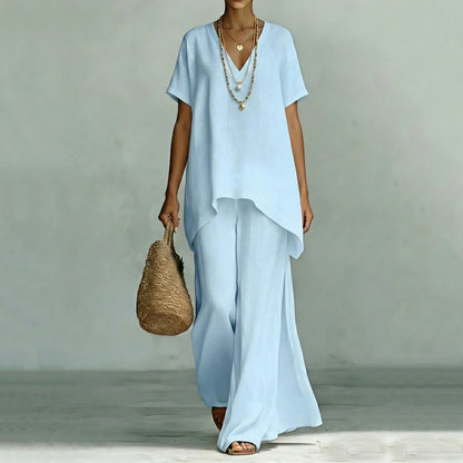 Cardydony Linen V-neck Short-sleeved Loose Top And Wide-leg Pants Two-piece Set