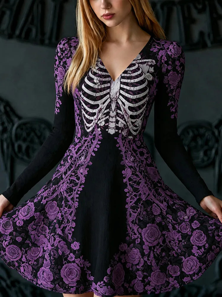 Cardydony Women's Retro Halloween Human Bones And Floral Print Long-sleeved V-neck Dress