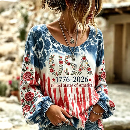 Cardydony Women's Independence Day Anniversary Floral Art Cotton Linen Crew Neck Long Sleeve T-shirt