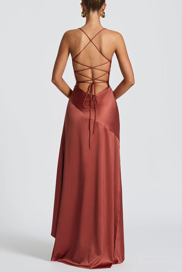 Cardydony Women's Solid Color Sexy Backless Lace-up Irregular Ruffled Maxi Dress