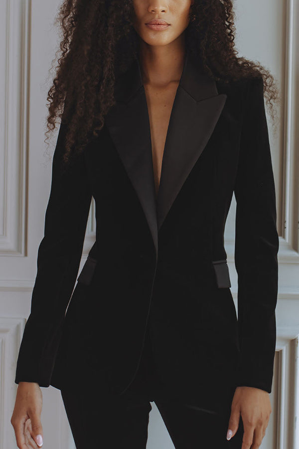 Cardydony Women's Delicate Daze Velvet Satin Lapel Button Up Long Sleeve Tapered Waist Blazer