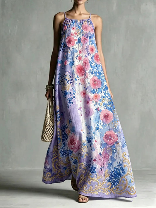 Cardydony Women's Loose Romantic Oil Painting Print Slim Collar Maxi Dress