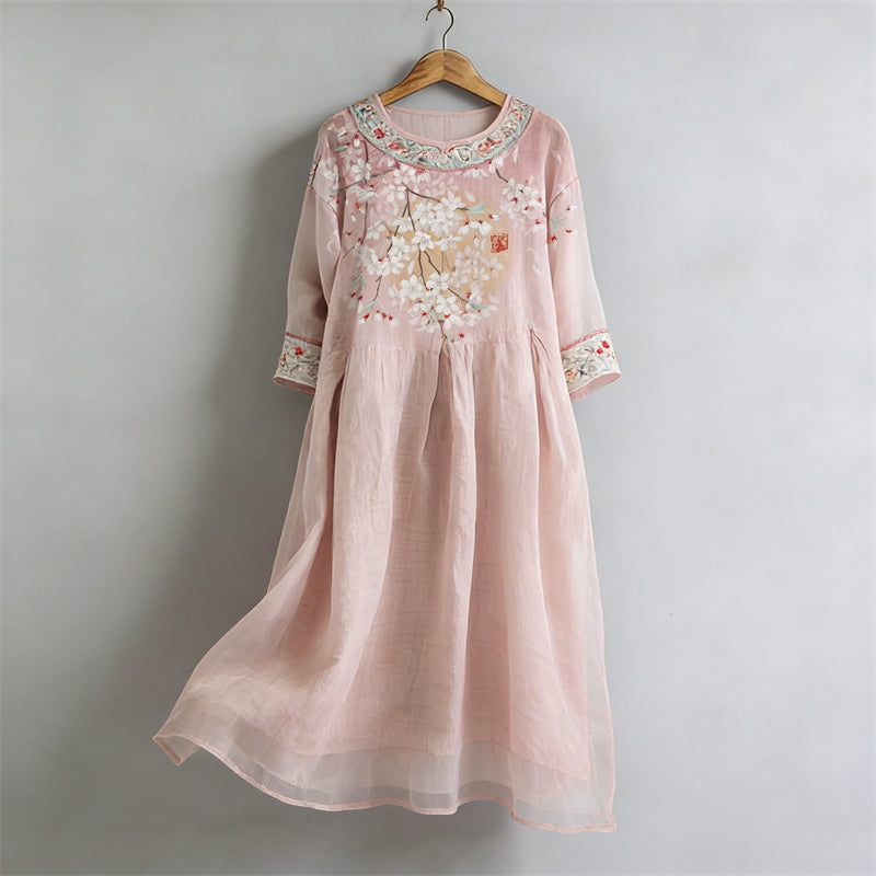 Cardydony Classy Japanese Cherry Blossom Full Moon Flowy Linen Maxi Dress