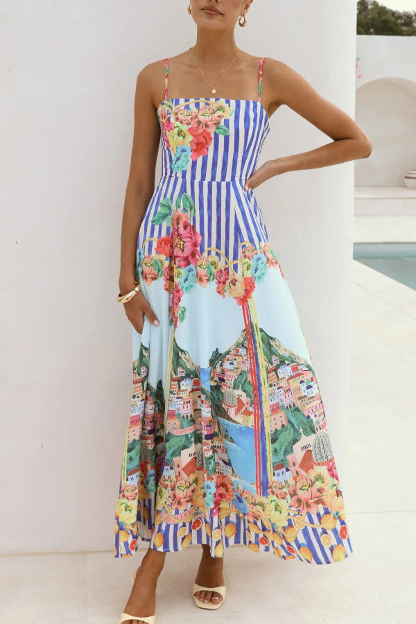 Cardydony Women's Unique Printed Spaghetti Strap Square Neck Casual Holiday Maxi Dress