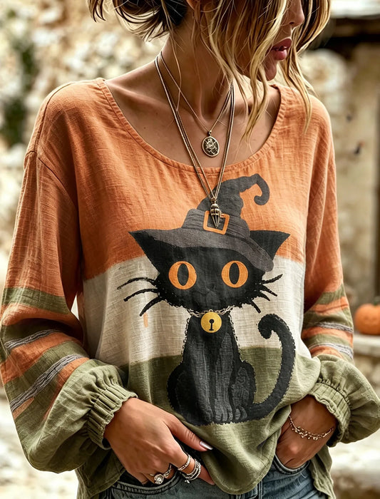 Cardydony Women's Vintage Halloween Wizard Cat Art Printed Linen Blend Round Neck Long Sleeve Tops