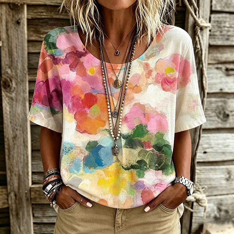 Cardydony Women's Tie-dye Style Floral Art Print Casual T-shirt