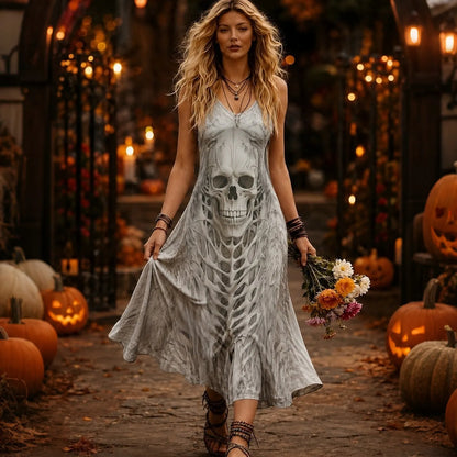Cardydony Women's Retro Skull Art 3d Printing Halloween Sleeveless Dress