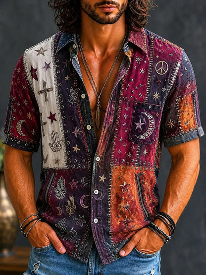 Cardydony Men's Retro Hippie Moon Peace Contrast Art Patchwork Print Shirt