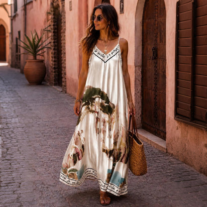 Cardydony Satin Cami Print Swing Sleeveless Maxi Dress