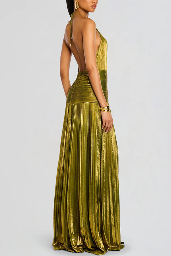 Cardydony Women's Glamorous Metallic Pleated Fabric Open Back Halter Slit Maxi Dress