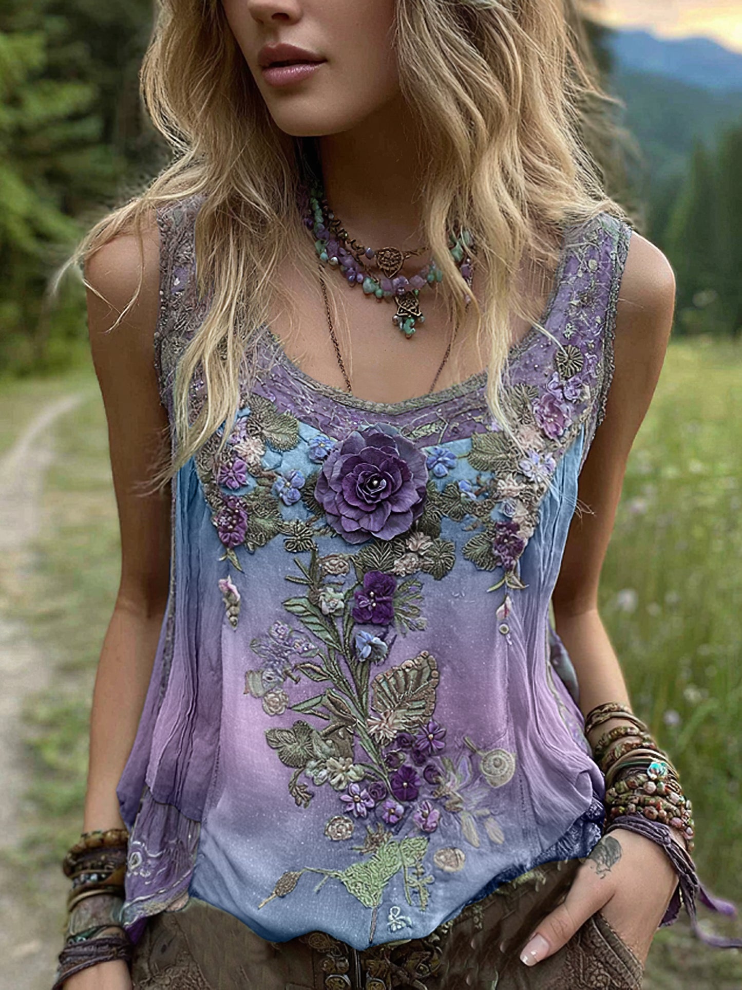 Cardydony Vintage Classy Gradient Purple Lavender And Floral Embroidered Pattern Linen Tank Top
