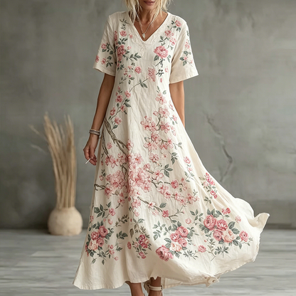 Cardydony Floral Pattern Design Women's Casual Linen Dress