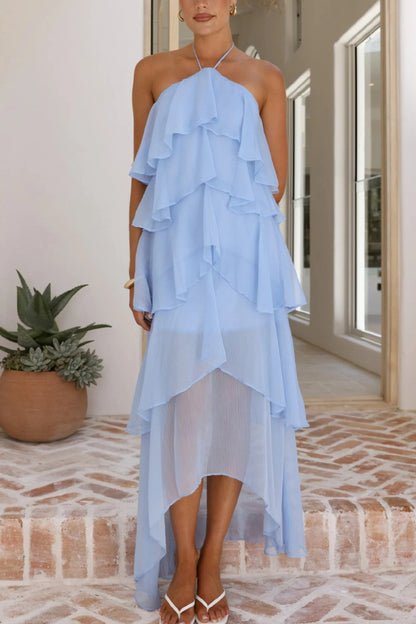 Cardydony Women's Solid Color Chiffon Halter Neck Elegant Ruffle Maxi Dress