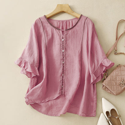 Cardydony Women's Retro Five-sleeve Pure Cotton Linen T-shirt